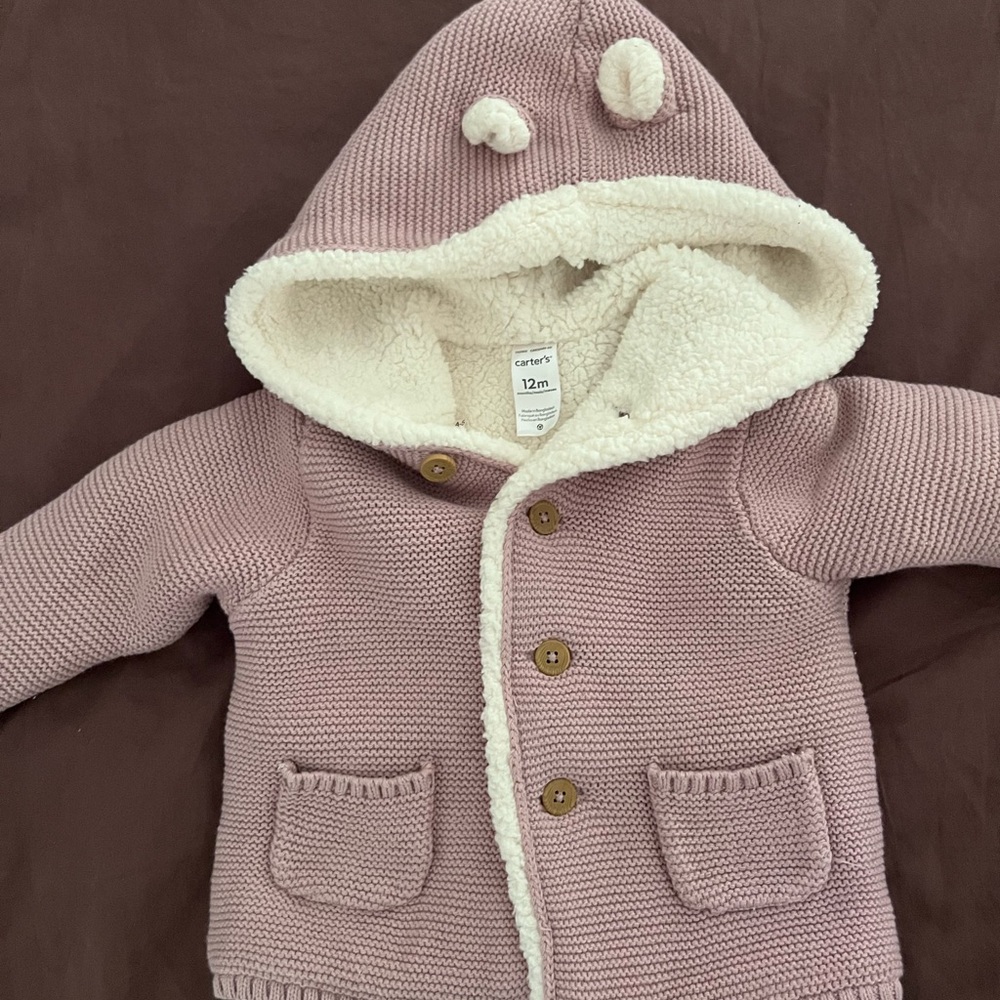 Carter's Pink Knit Hooded Cardigan with Sherpa Trim